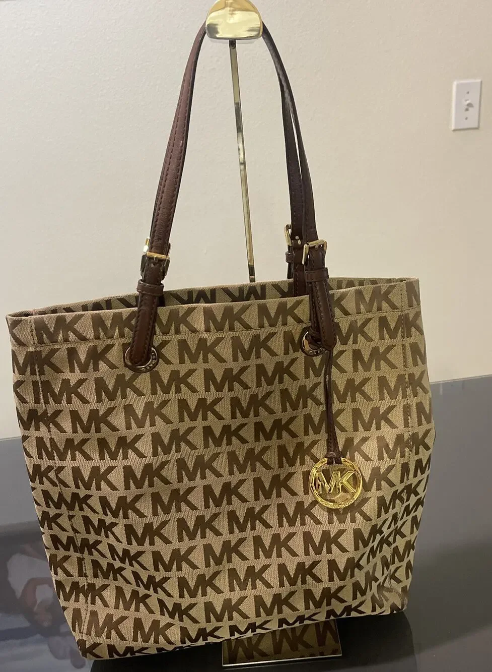 Michael Kors Jet Set MK Logo Brown Beige Canvas Tote Bag Purse